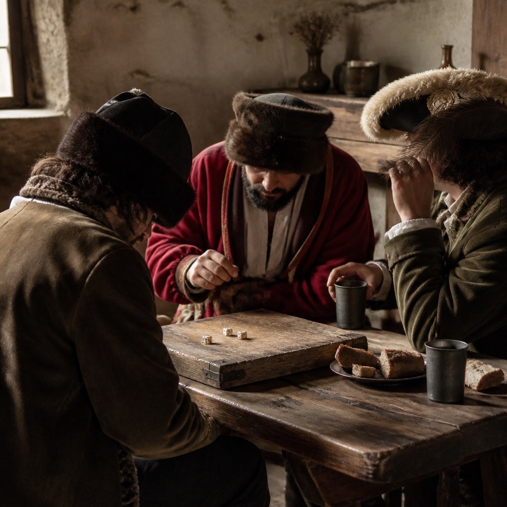 Tavern interior of the sixteenth century, dice players around a plank table in chiaroscuro light