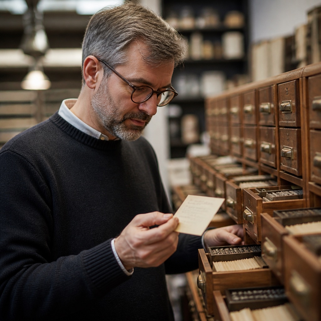 Row of open catalog drawers filled with cream cards and trays of lead type, brass pulls