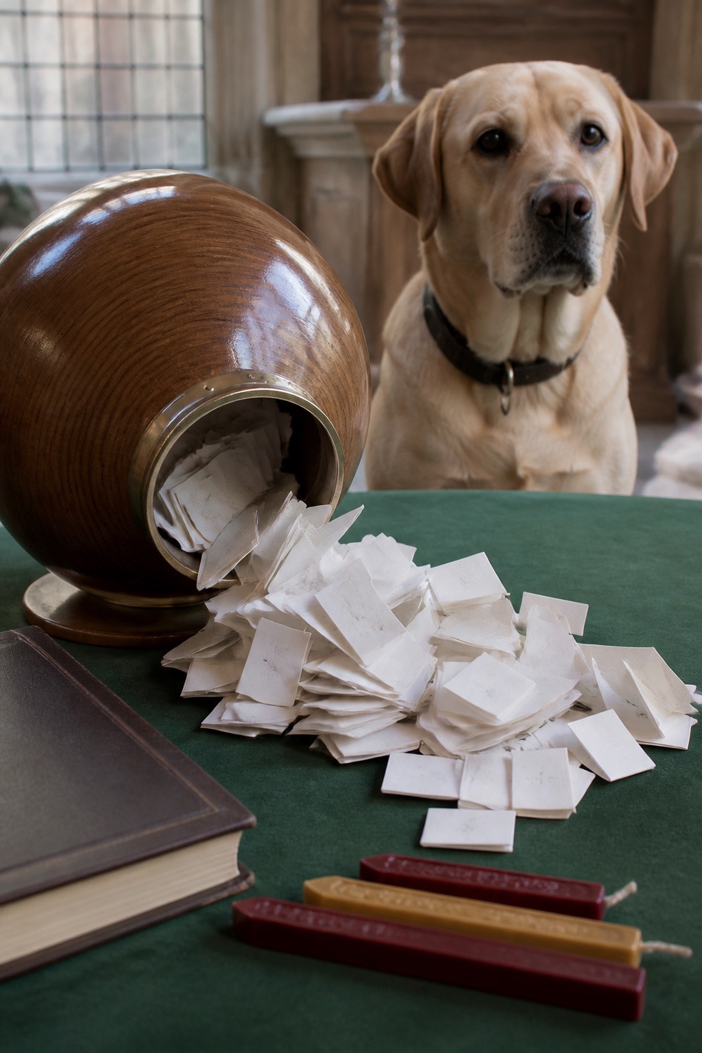 Polished wooden lottery urn with folded blank tickets spilled on green baize, wax seals and a closed ledger