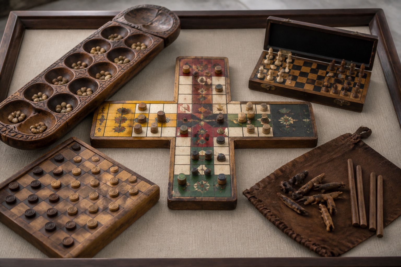 Museum tray of traditional games: carved mancala board, pachisi cross-board and folding chess set