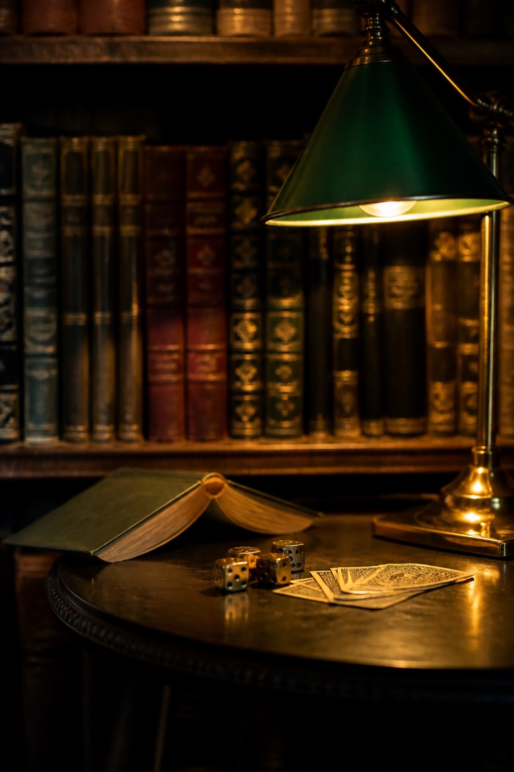 Open novel face-down beside brass dice and a card fan under a green reading lamp, leather books behind