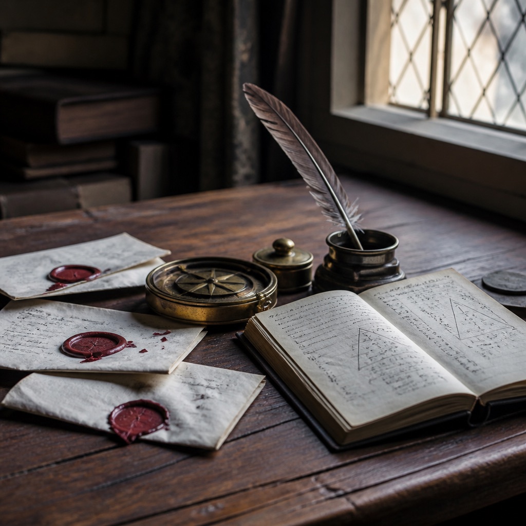 Folded letters with broken wax seals, compass and notebook of arithmetic diagrams on a scholar's desk