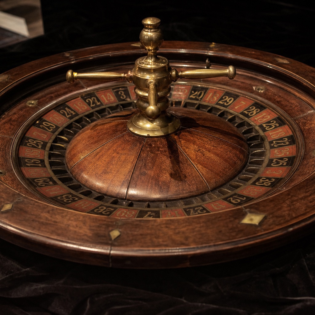 Antique lacquered wooden roulette wheel with worn brass fittings, isolated on dark velvet under a soft spotlight