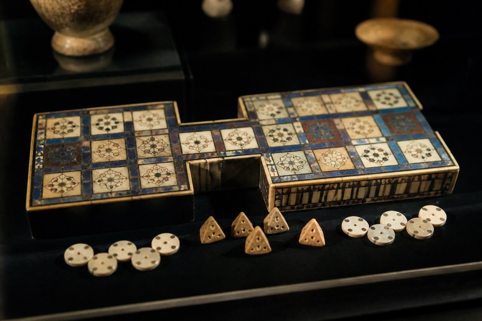 Reconstructed Royal Game of Ur board with lapis lazuli and shell inlay, clay tetrahedral dice beside it on velvet