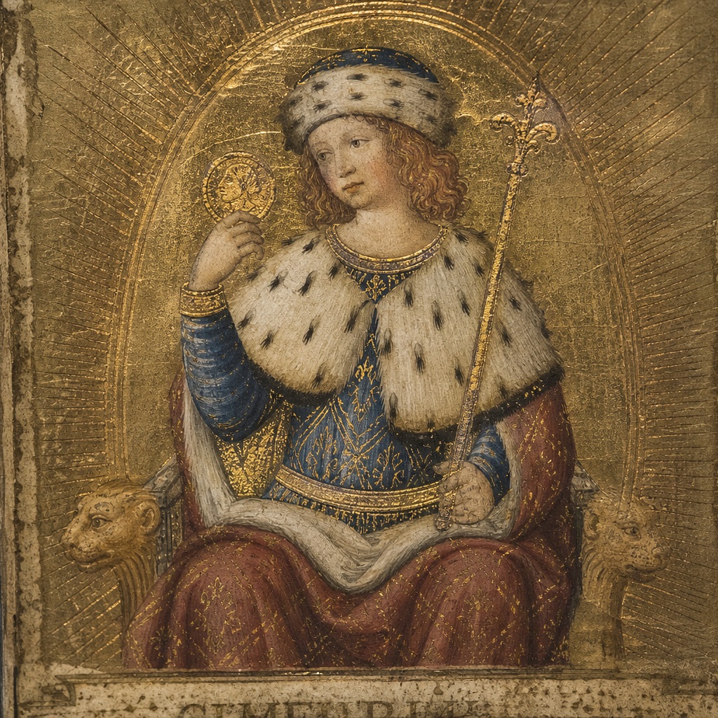 Gilded Renaissance tarocchi card in the Visconti-Sforza style, gold leaf on parchment with a sunburst pattern
