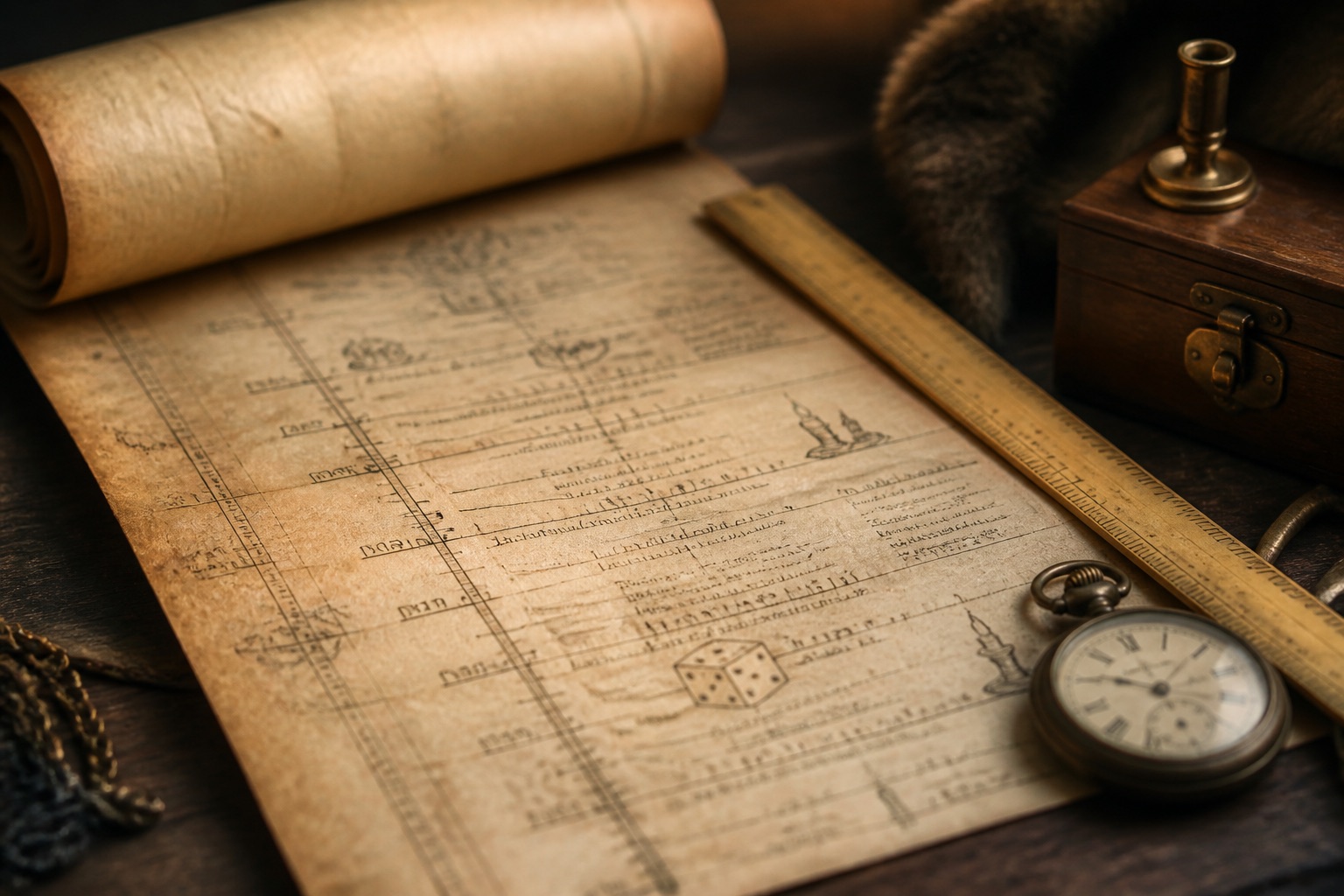 Parchment timeline scroll partly unrolled, tick marks in ink, boxwood rule and pocket watch across it